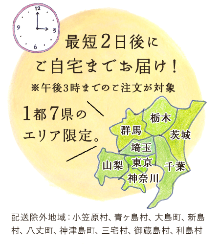 最短2日後にご自宅までお届け! ※午後3時までのご注文が対象1都7県のエリア限定。 配送除外地域:小笠原村、青ヶ島村、大島町、新島村、八丈町、神津島町、三宅村、御蔵島村、利島村