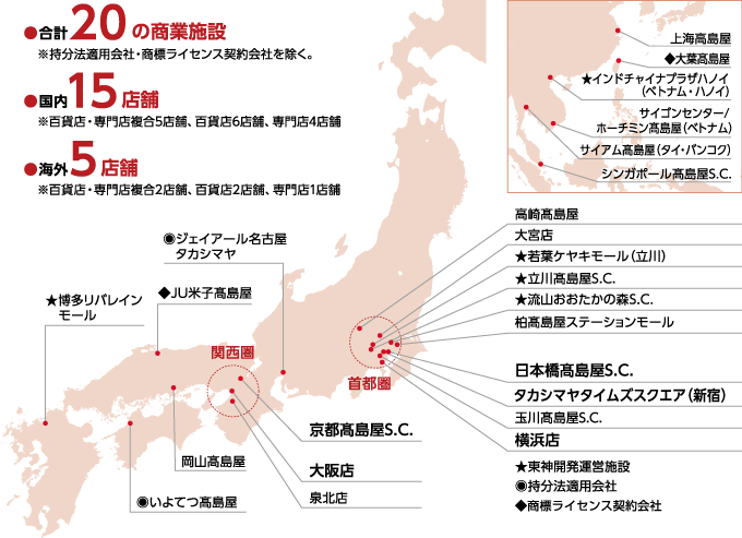 店舗の所在地を示す日本地図。合計20の商業施設があり、そのうち15店舗は国内。5店舗は海外にある。首都圏、関西圏を中心に店舗がある。