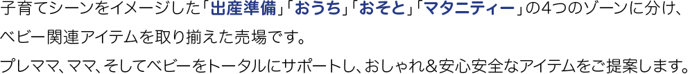 子育てシーンをイメージした「出産準備」「おうち」「おでかけ」「マタニティー」の4つのゾーンに分け、ベビー関連アイテムを取り揃えた売場です。プレママ、ママ、そしてベビーをトータルにサポートし、おしゃれ＆安心安全なアイテムをご提案します。