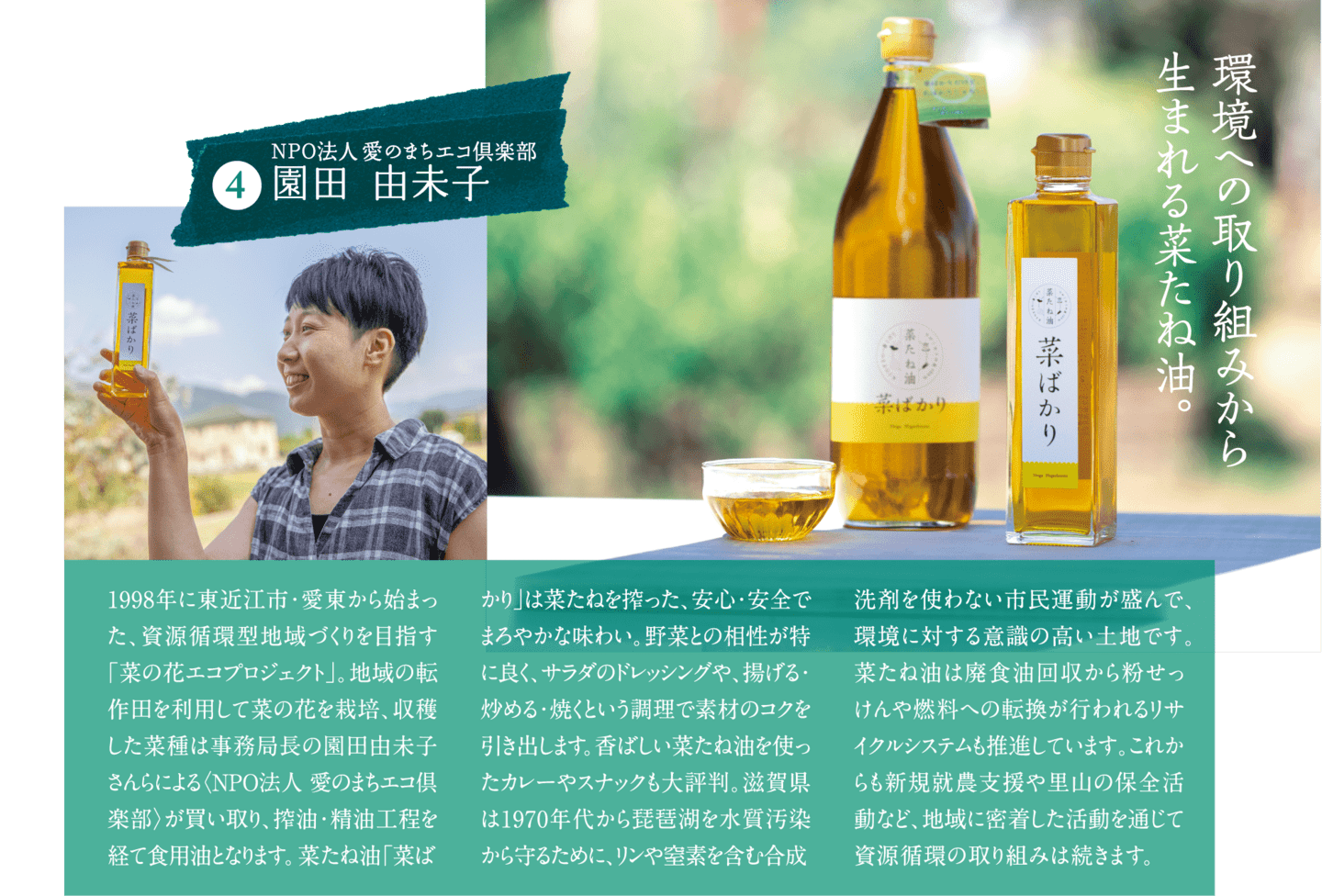 環境への取り組みから生まれる菜たね油。 NPO法人 愛のまちエコ倶楽部 園田由未子