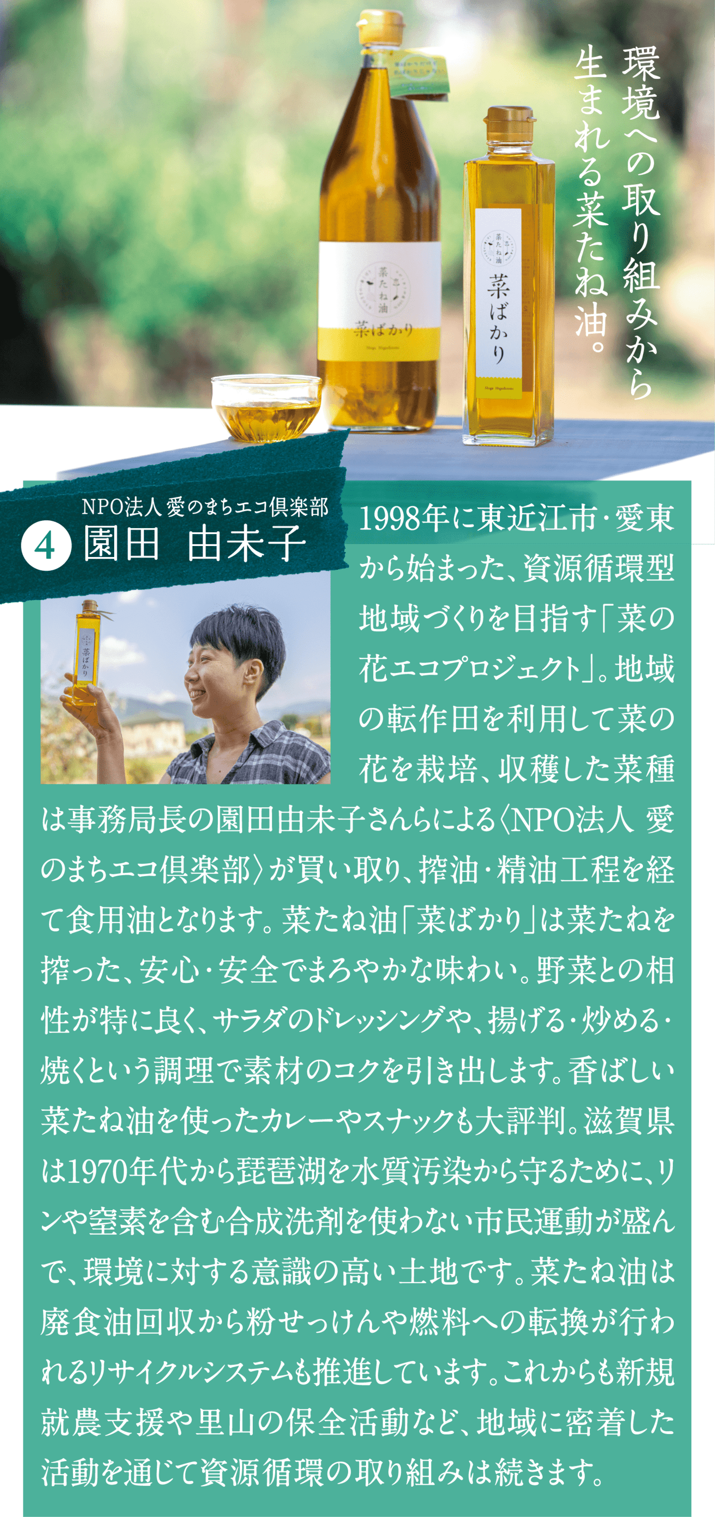 環境への取り組みから生まれる菜たね油。 NPO法人 愛のまちエコ倶楽部 園田由未子