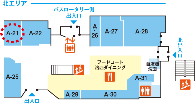 ラクセーヌ1階北エリアのフロアマップ。タカシマヤローズショップ洛西はA-21区画(赤枠)