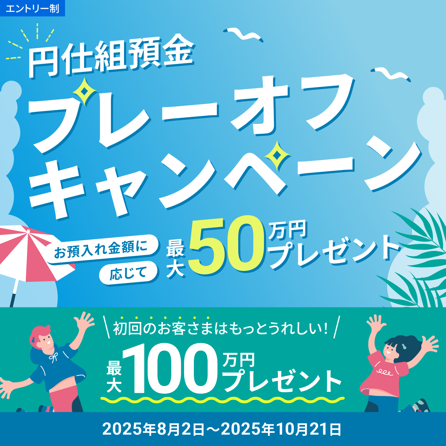 エントリー制　円仕組預金　プレーオフキャンペーン　お預入れ金額にお応じて最大50万円プレゼント　初回のお客さまはもっとうれしい！最大100万円プレゼント