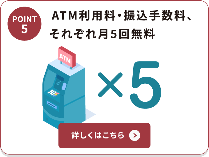 POINT5 ATM利用料・振込手数料、それぞれ月5回無料 詳しくはこちら