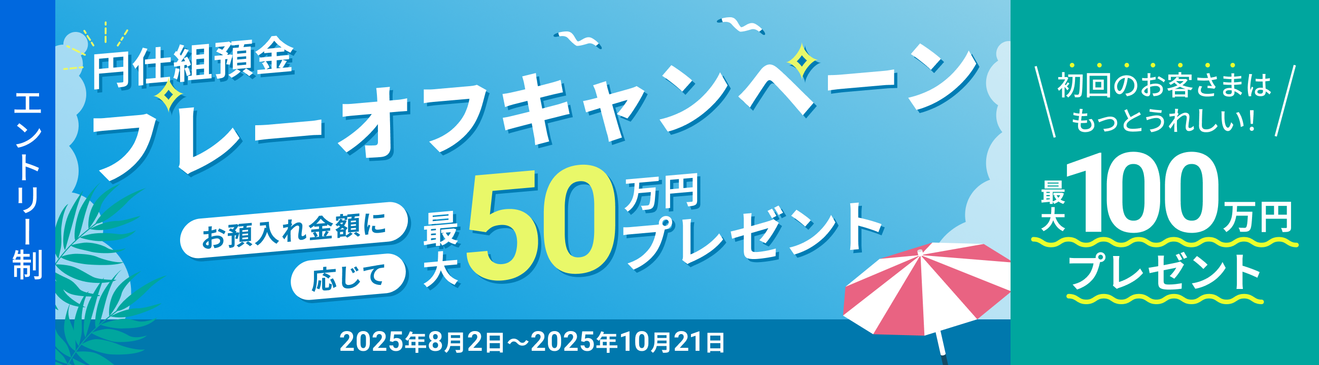 エントリー制　円仕組預金　プレーオフキャンペーン　お預入れ金額にお応じて最大50万円プレゼント　初回のお客さまはもっとうれしい！最大100万円プレゼント