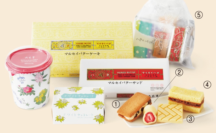 マルセイバターサンド、ストロベリーチョコ、ホワイトチョコ、マルセイバターケーキ、六花セレクト6個入のイメージ画像