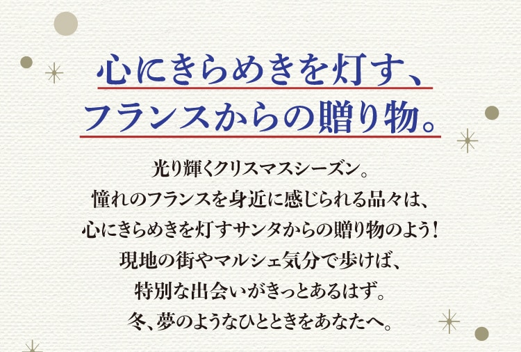 心にきらめきを灯す、 フランスからの贈り物。光り輝くクリスマスシーズン。 憧れのフランスを身近に感じられる品々は、 心にきらめきを灯すサンタからの贈り物のよう!現地の街やマルシェ気分で歩けば、 特別な出会いがきっとあるはず。冬、夢のようなひとときをあなたへ。