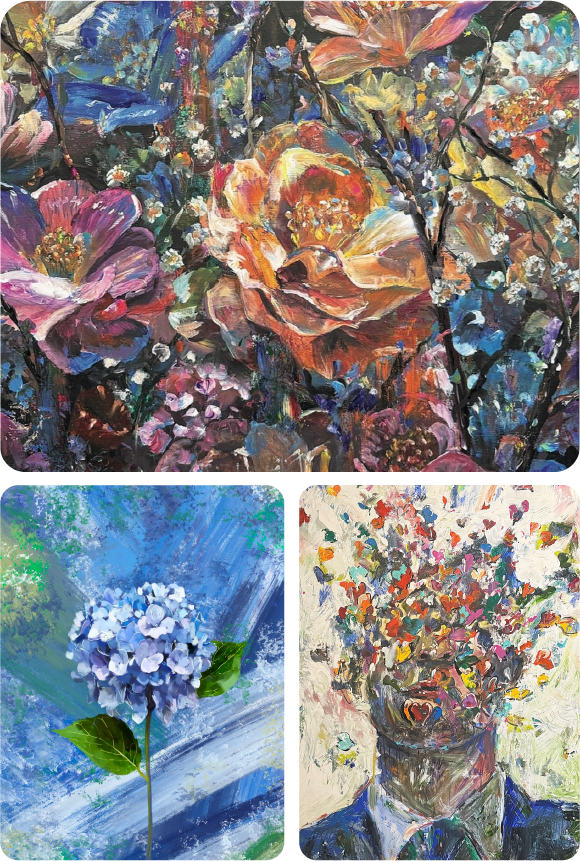 はなりーまん個展の作品イメージ（花の絵画とポートレートのコラージュ）