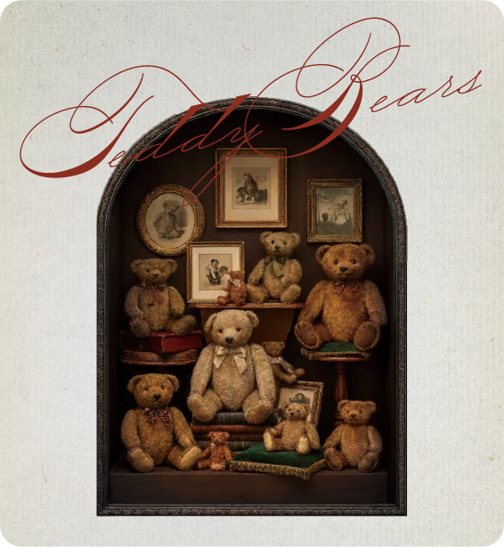 アンティークテディベアのコレクションを飾った展示のイメージ（Teddy Bears）