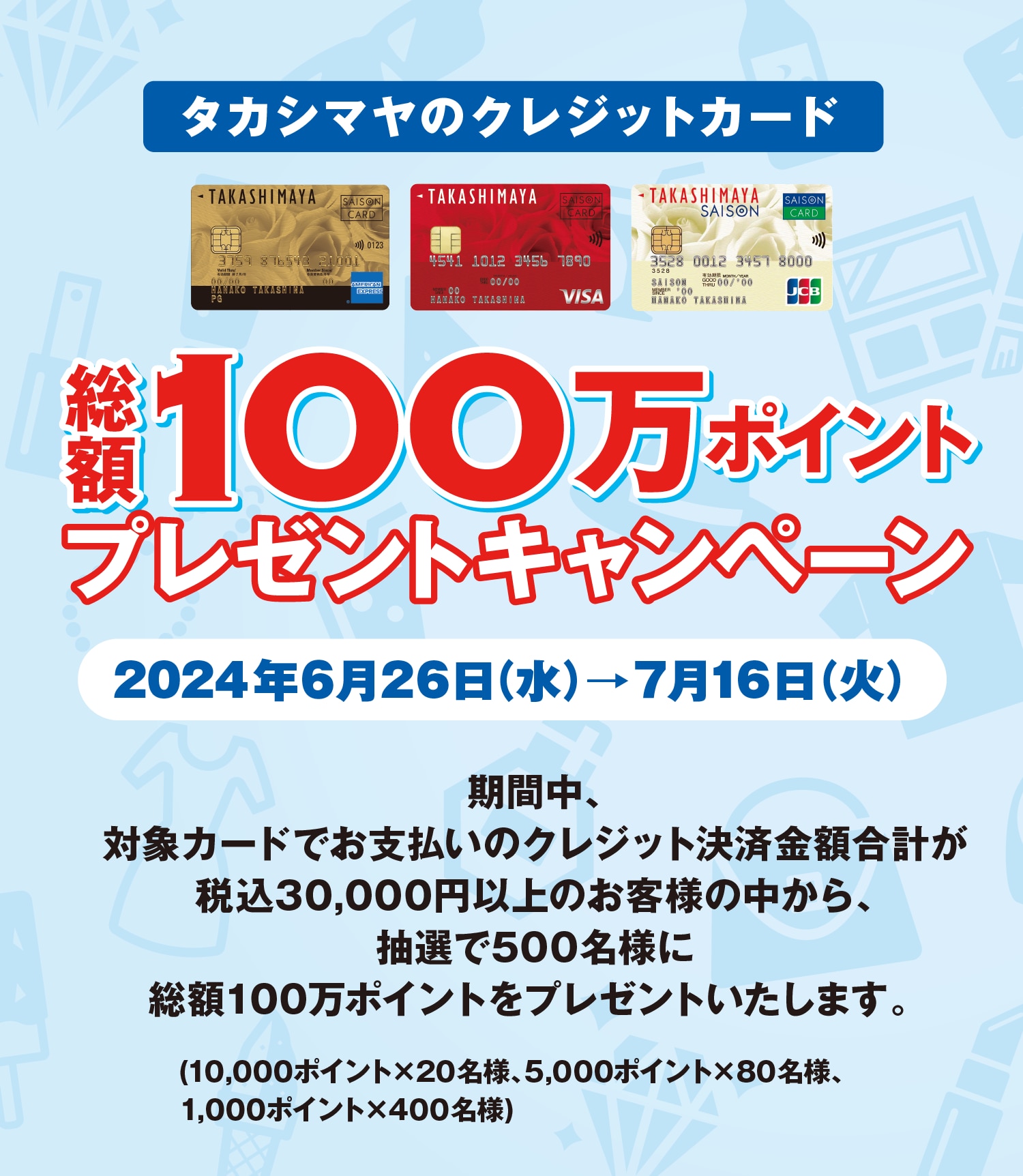 タカシマヤのクレジットカード 総額100万ポイントプレゼントキャンペーン 2024年6月26日（水）→7月16日（火）期間中、対象カードでお支払いのクレジット決済金額合計が税込30,000円以上のお客様の中から、抽選で500名様に総額100万ポイントをプレゼントいたします。(10,000ポイント×20名様、5,000ポイント×80名様、1,000ポイント×400名様)