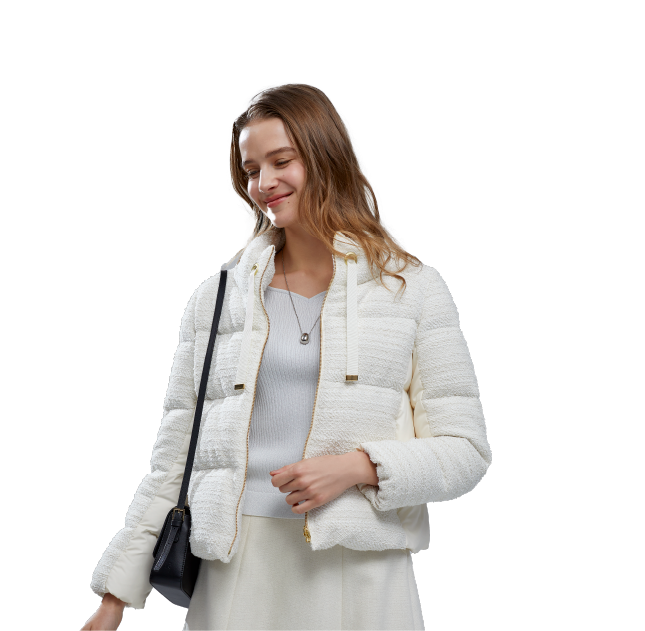 白いコートを着た女性のコート部分をアップにした写真