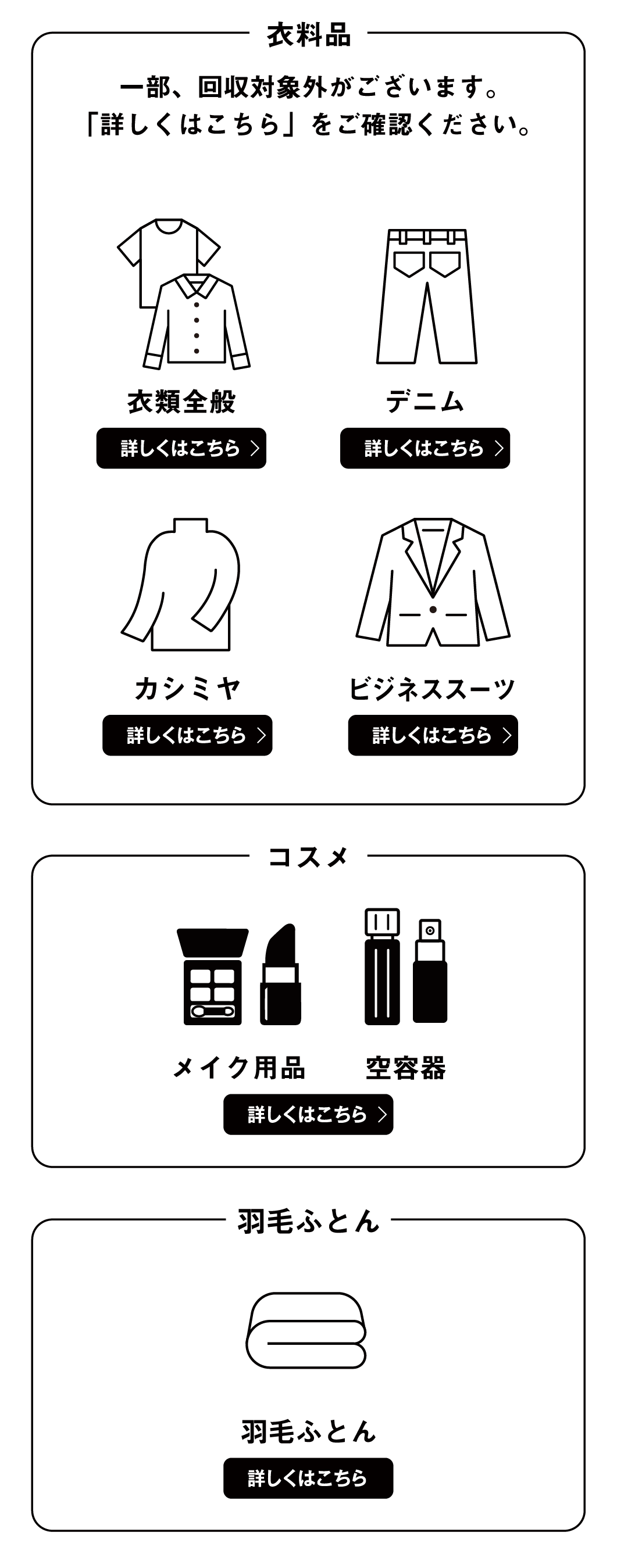 衣類全般 デニム カシミヤ ビジネススーツ コスメ 羽毛ふとん