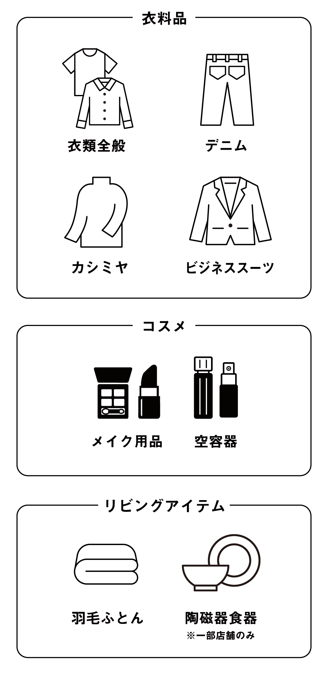 衣類全般 デニム カシミヤ ビジネススーツ コスメ 羽毛ふとん 陶磁器食器