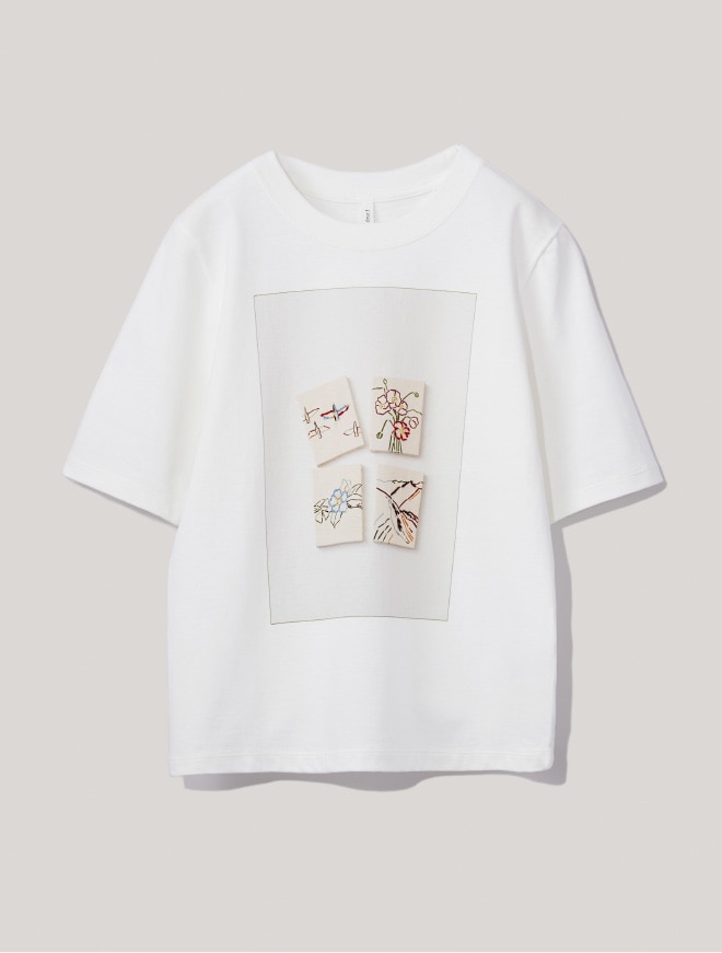 画像　リー イズミダ氏の線画アートをプリントし、刺繍が施された白いカットソー　画像おわり