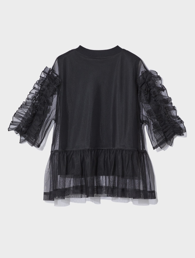 画像：チュールとフリルを重ねたブラックのカットソー背面　画像おわり