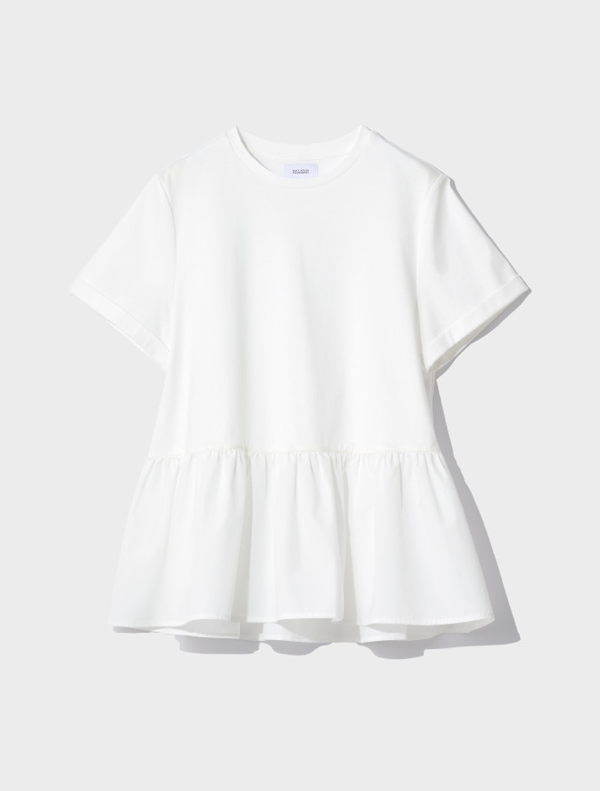 画像：異素材をコンビネーションしたホワイトのカットソー正面　画像おわり