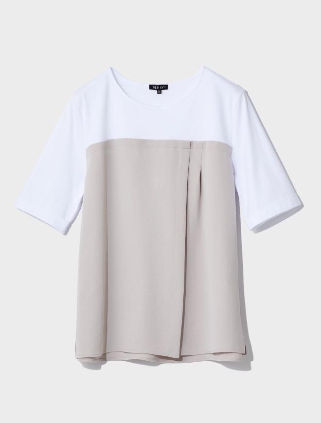 画像：異素材を切り替えたベージュのドッキングカットソー正面　画像おわり