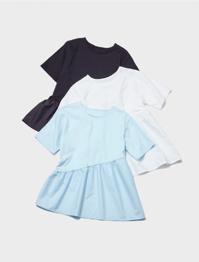 画像:胸下から腰へ斜めに切り替えてシャツ生地をドッキングしたカットソー 画像おわり