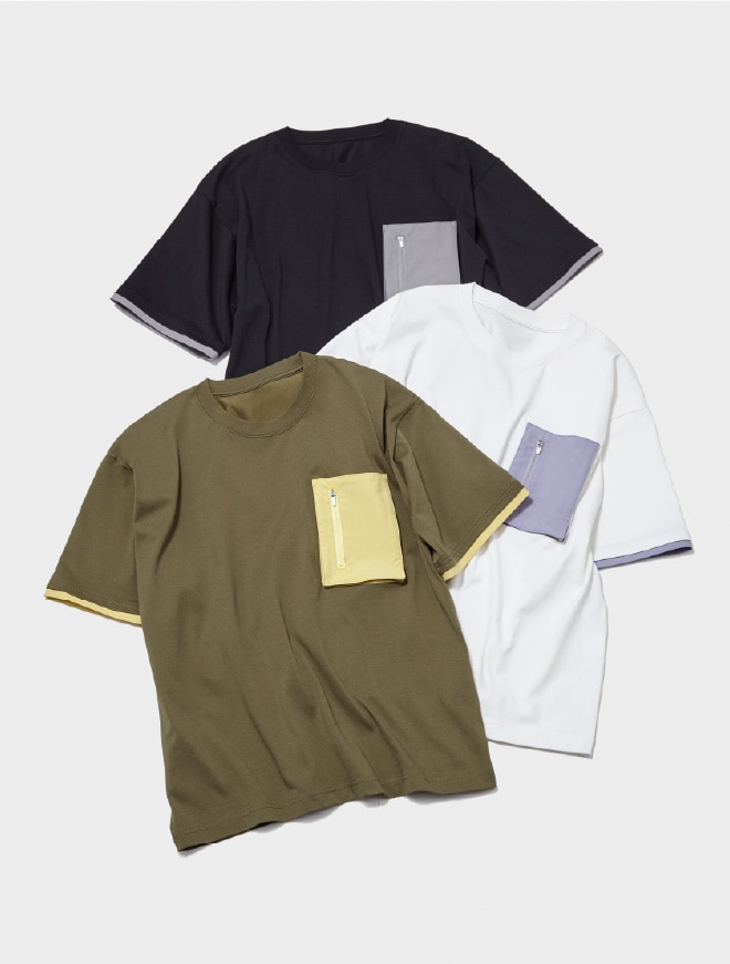 画像:胸ポケットが付いた重ね着風のカットソー 画像おわり