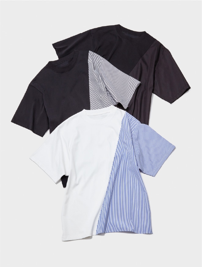 画像:左肩から裾に向けて斜めの切り替えでシャツ生地をドッキングさせたカットソー 画像おわり