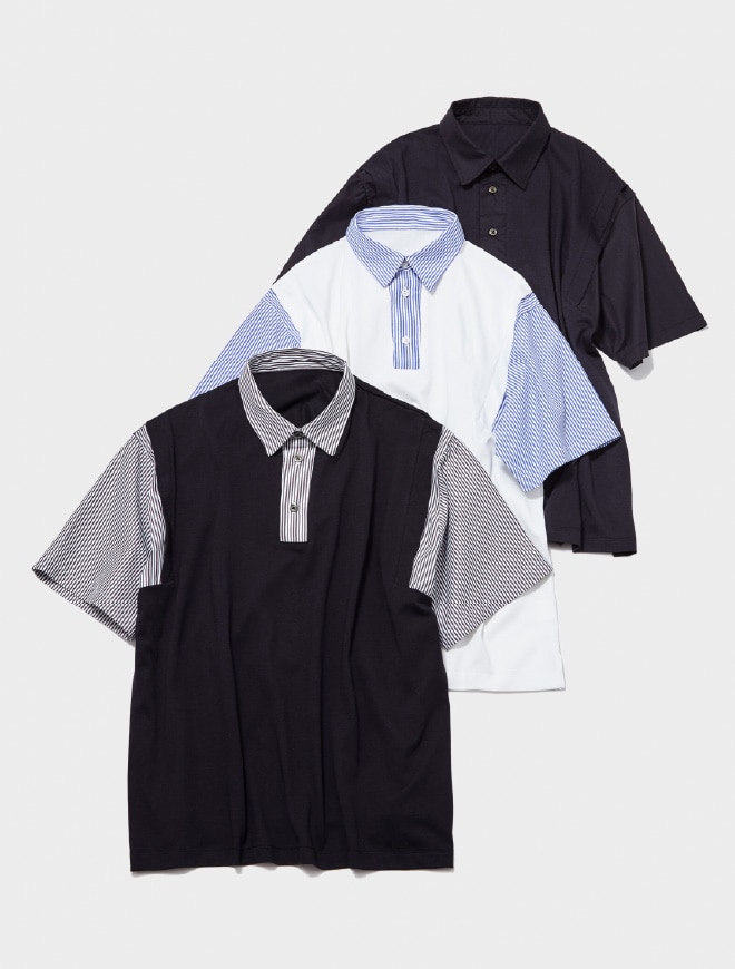 画像:襟と袖部分にシャツ生地をドッキングした襟付きカットソー 画像おわり