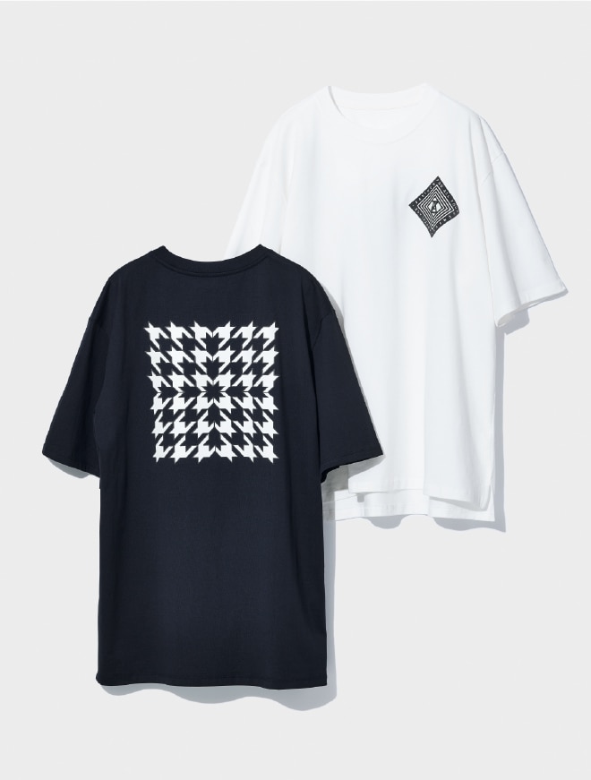 画像:胸元に幾何学模様のワッペンが付いたブラックのカットソー正面 画像おわり