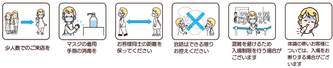 少人数でのご来店を / マスクの着用 / 手指の消毒を / お客様同士の距離を保ってください / 会話はできる限りお控えください / 混雑を避けるため入場制限を行う場合がございます / 体調の悪いお客様については、入場をお断りする場合がございます