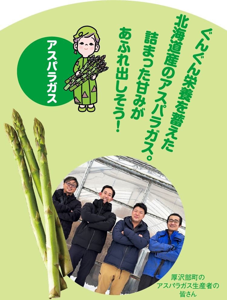 アスパラガス ぐんぐん栄養を蓄えた北海道産のアスパラガス。詰まった甘みがあふれ出しそう！ 厚沢部町のアスパラガス生産者の皆さん