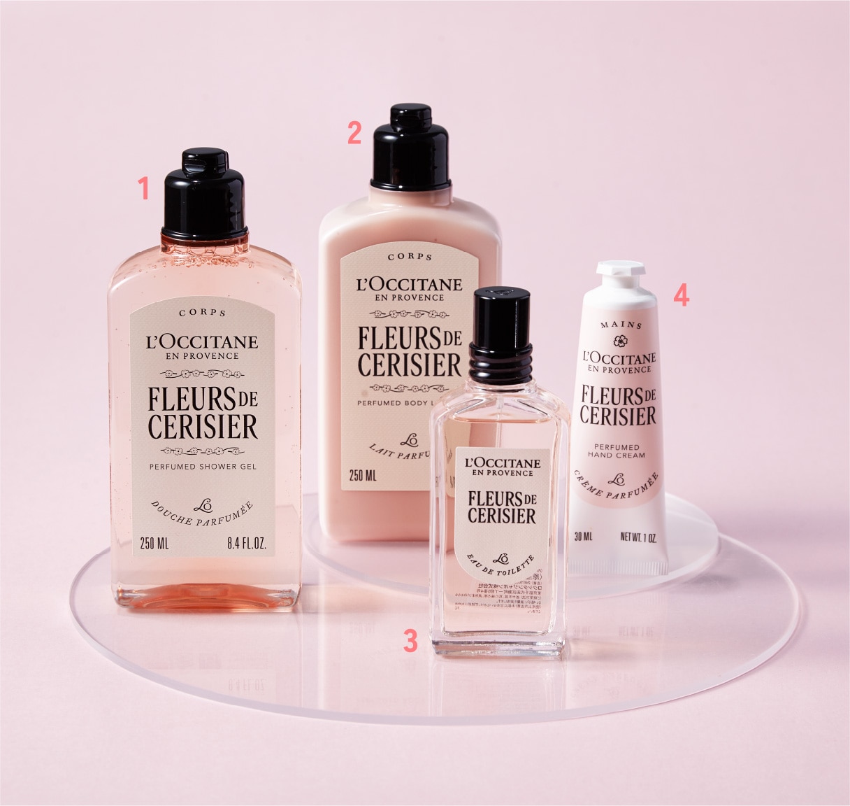 1.フルールドスリジエサクラ パフュームド シャワージェル  2.フルールドスリジエサクラ パフュームド ボディミルク 3.フルールドスリジエサクラ オードトワレ 4.フルールドスリジエサクラ パフュームド ハンドクリーム