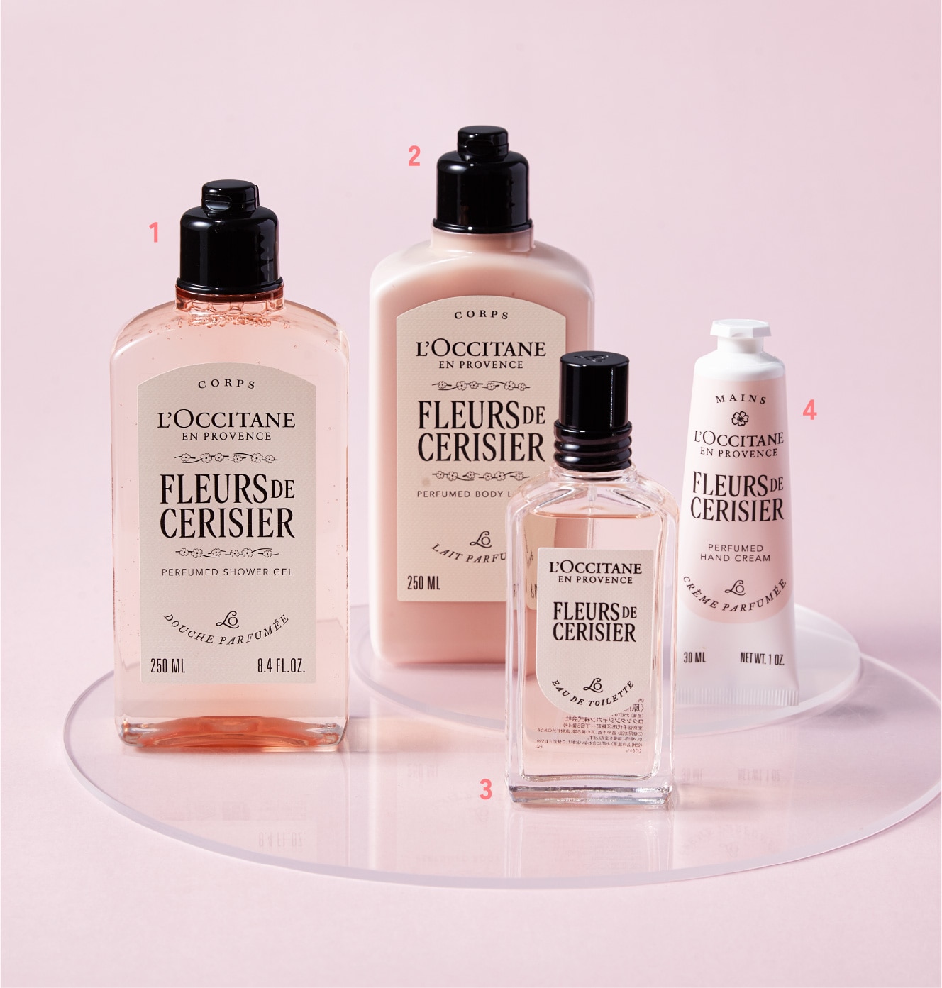 1.フルールドスリジエサクラ パフュームド シャワージェル  2.フルールドスリジエサクラ パフュームド ボディミルク 3.フルールドスリジエサクラ オードトワレ 4.フルールドスリジエサクラ パフュームド ハンドクリーム