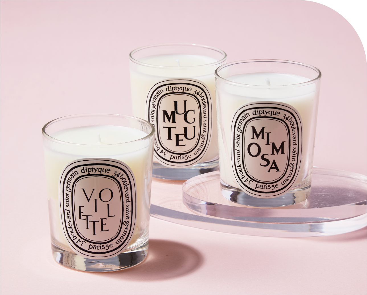 〈DIPTYQUE〉クラシックキャンドル(ヴィオレット、ミュゲ、ミモザ／容量：190g／燃焼時間：約50時間)各10,450円