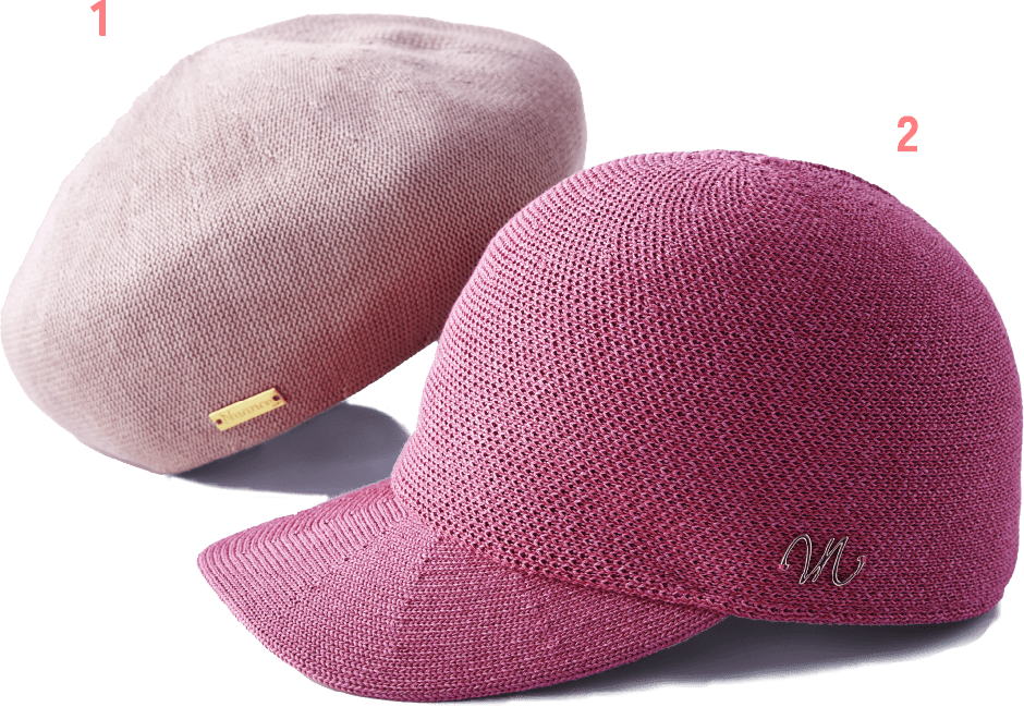 〈ニュアンスミー〉1.ニットベレー 8,250円 2.ニットキャップ 9,900円