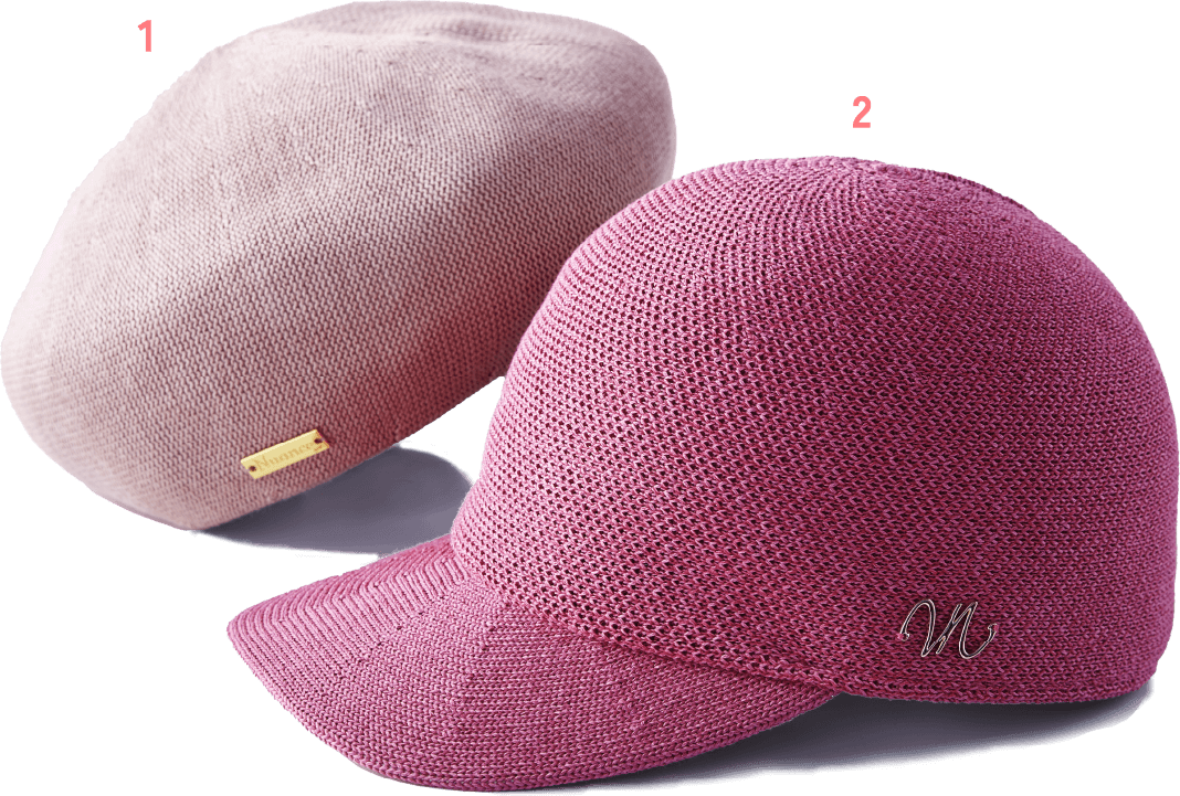 〈ニュアンスミー〉1.ニットベレー 8,250円 2.ニットキャップ 9,900円