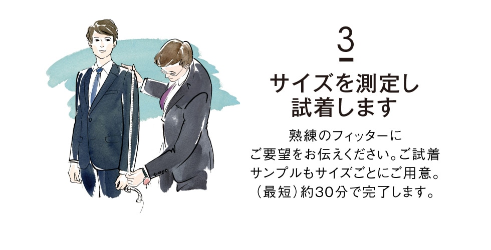 3 サイズを測定し試着します 熟練のフィッターにご要望をお伝えください。ご試着サンプルもサイズごとにご用意。（最短）約30分で完了します。