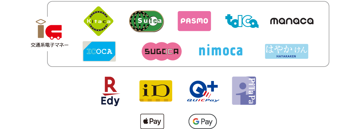 Kitaca、Suica、PASMO、TOICA、manaca、ICOCA、SUGOCA、nimoca、はやかけん、楽天Edy、iD、QUICPay、PiTaPa、Apple Pay、Google Pay