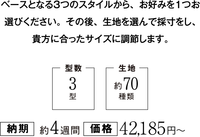 ベースとなる3つのスタイルから、お好みを1つお選びください。その後、生地を選んで採寸をし、貴方に合ったサイズに調節します。