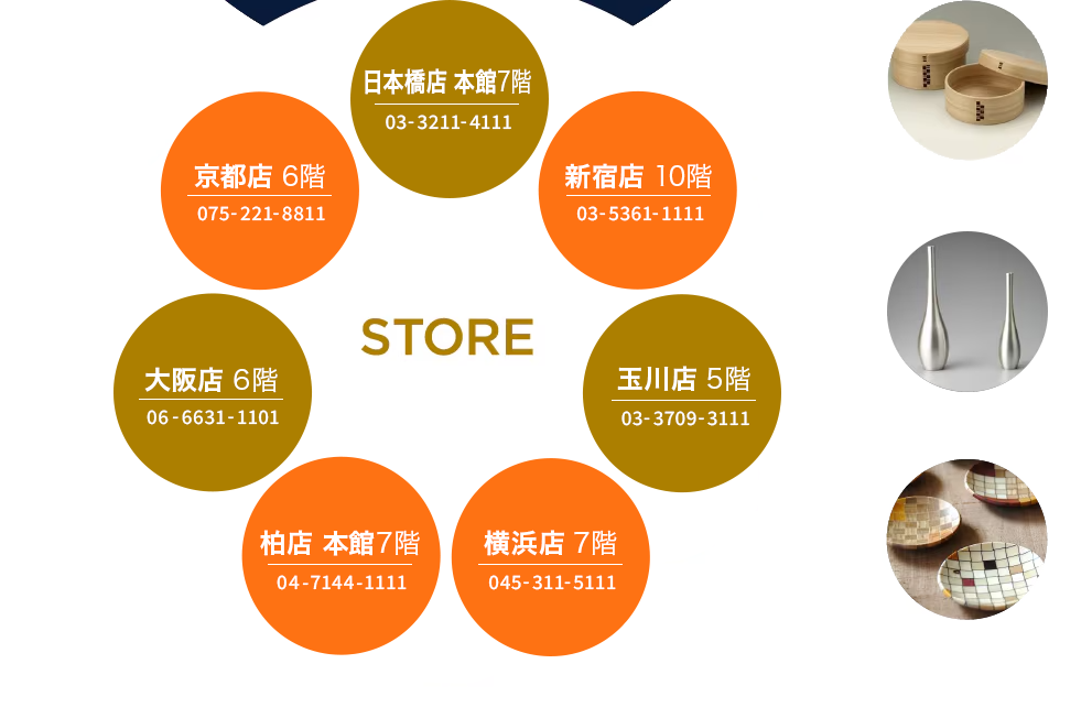 STORE　日本橋店 7階　新宿店 10階　横浜店 7階　玉川店 5階　柏店 7階　大阪店 6階　京都店 6階