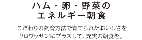 ハム・卵・野菜のエネルギー朝食　こだわりの飼育方法で育てられたおいしさをクロワッサンにプラスして、充実の朝食を。