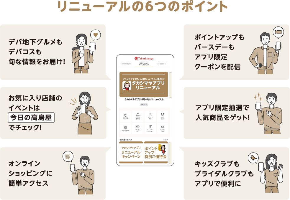 リニューアルの6つのポイント デパ地下グルメもデパコスも旬な情報をお届け！ ポイントアップもバースデーもアプリ限定クーポンを配信 お気に入り店舗のイベントは今日の高島屋でチェック！ アプリ限定抽選で人気商品をゲット！ オンラインショッピングに簡単アクセス キッズクラブもブライダルクラブもアプリで便利に