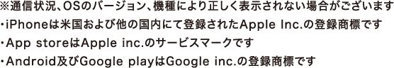 ※通信状況、OSのバージョン、機種により正しく表示されない場合がございます・iPhoneは米国および他の国内にて登録されたApple Inc.の登録商標です・App storeはApple inc.のサービスマークです・Android及びGoogle playはGoogle inc.の登録商標です