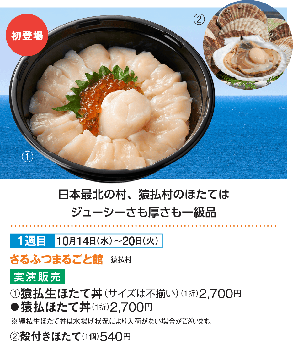 ［さるふつまるごと館］猿払生ほたて丼／殻付きほたて
