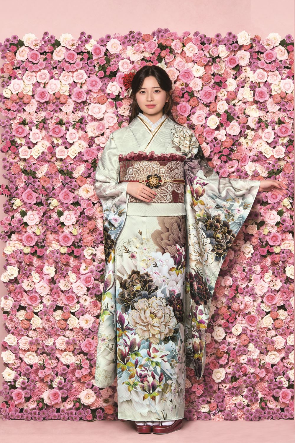 高島屋 振袖 花柄 鶴模様 ベージュ 茶色 高島屋 振袖 花柄 鶴模様 