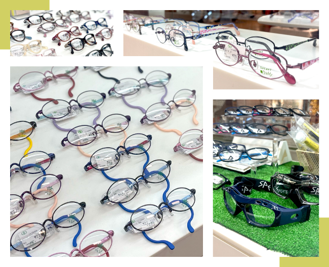 キッズ用のカラフルなフレームやゴーグルタイプのメガネなどの写真