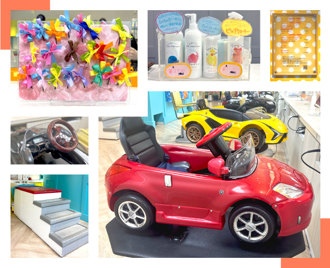 クルマ型のカット椅子やオリジナルのヘアケア製品などの写真