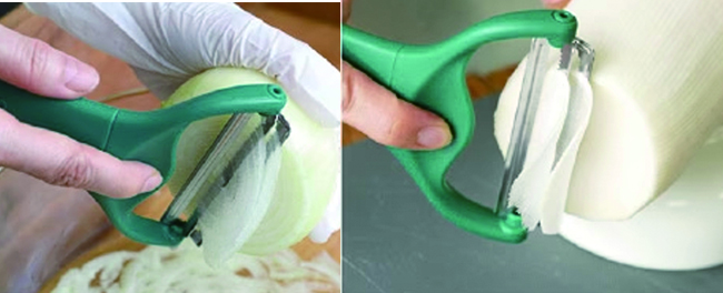 ピーラーで玉ねぎと大根を薄切りしている写真