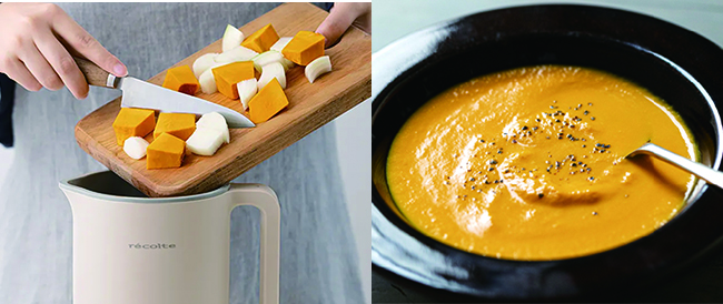 自動調理ポットに材料を入れている写真と、できあがったかぼちゃスープの写真