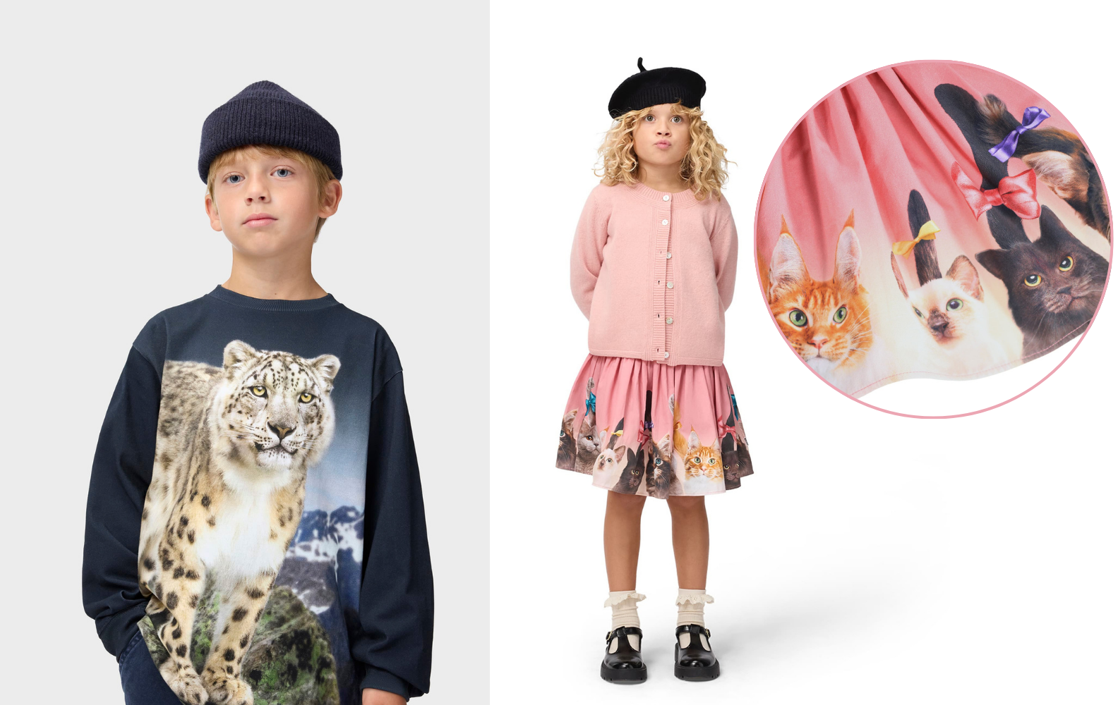ヒョウがプリントされたロングTシャツを着た男の子と猫がプリントされたスカートを履いた女の子の写真