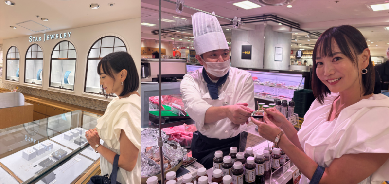 柏高島屋のスタージュエリーでアクセサリーを眺める岡田さんと肉の匠いとうで試食する岡田さん