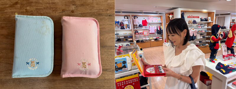13年前に購入した母子手帳ケースと当時購入したおもちゃを懐かしそうに眺める岡田さん