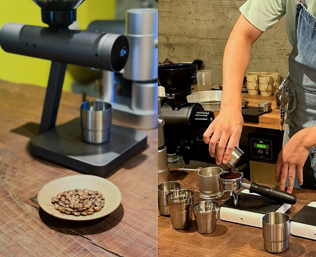 挽く前のコーヒー豆と、エスプレッソのタンピング作業の様子